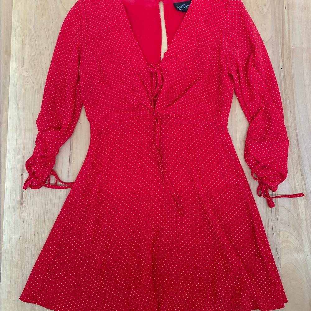 Topshop - Red A-Line Dress with Plunge Neckline and Bishop Sleeves